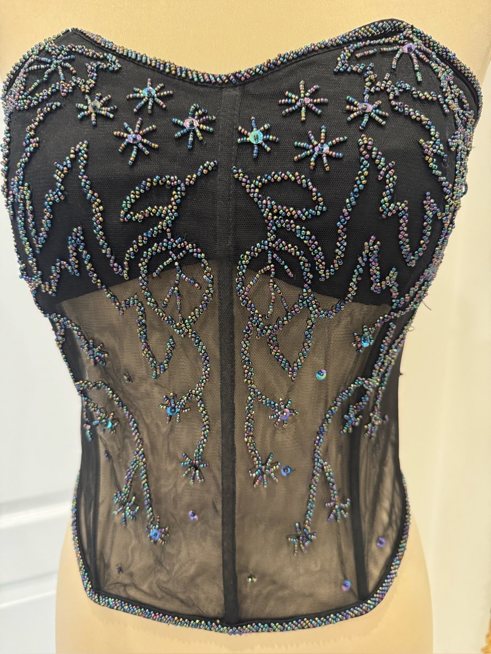 Black hand Beaded stretch Mesh Bustier Top - Iridescent beads